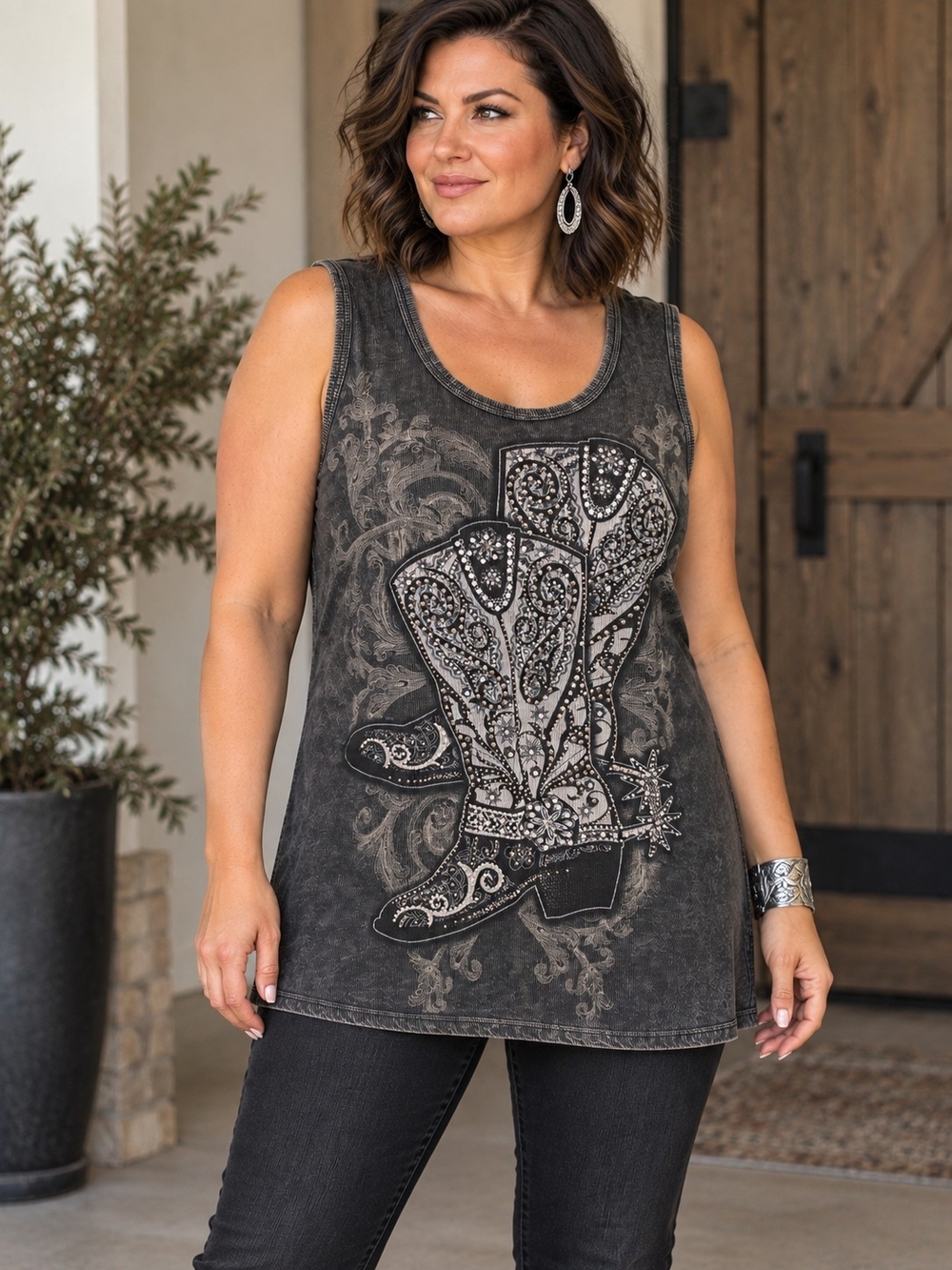 VOCAL WESTERN COWBOY BOOTS RHINESTONE ACID WASH TANK TOP 3XL
